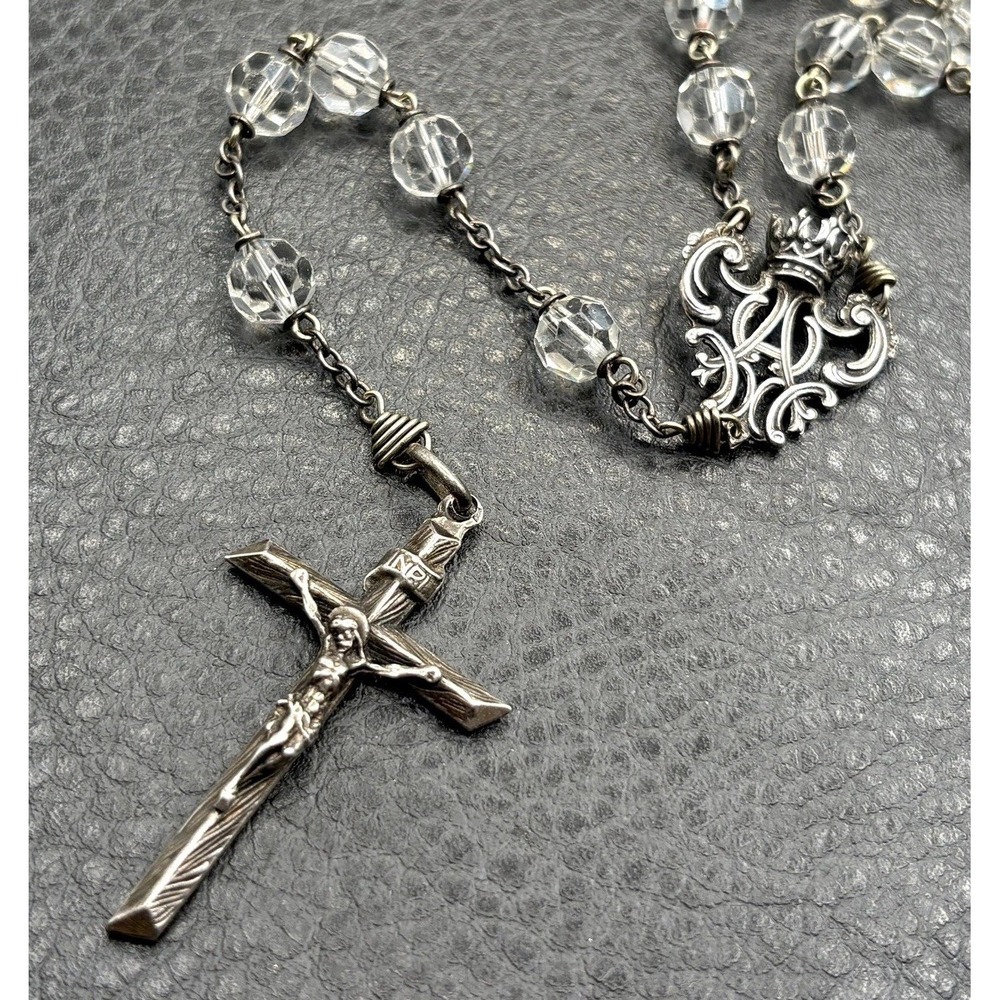 VTG European Sterling Silver Cross Crown Rosary Necklace Glass Crystal Beads